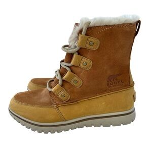 SOREL Joan Tan Leather + Suede Waterproof Winter Ankle Boots NEW Size 7